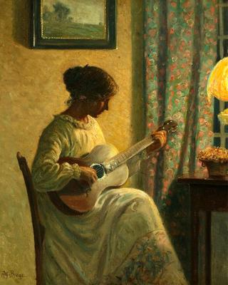 Woman playing guitar in an interior