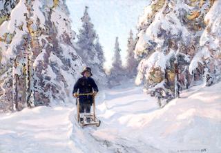 Winter Scene with a Boy on a Finnish Sleigh