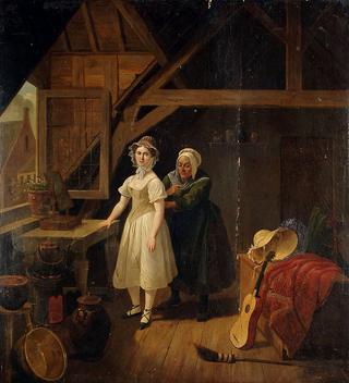 An Interior scene with a maid lacing a lady into a corset