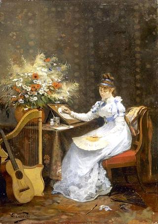 Young Woman Painting a Fan