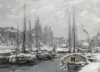 Snow-Covered Boats in Amsterdam