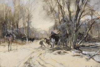 A Horse and a Cart in a Snow-covered Landscape