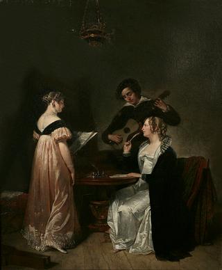 Two women and the painter Kruseman playing guitar