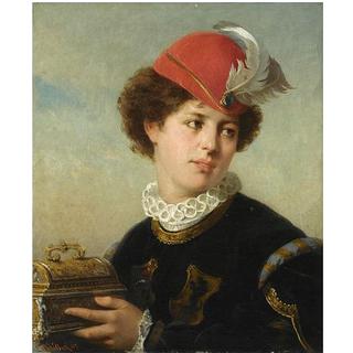 A young nobleman holding a small chest