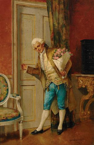 Young cavalier with bouquet of roses at the door