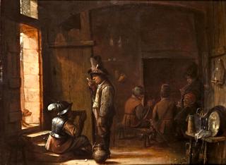 Tavern interior with a soldier sitting and drinking beside a boor