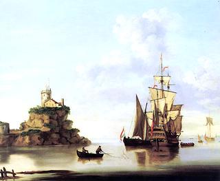 An English Two-Decker and a Dutch Barge at Anchor off a Coastal Fort