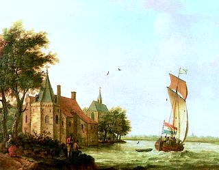 A Wooded River Landscape in Holland, with a Dutch Hooker under Sail in a Brisk Wind