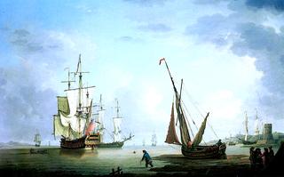 A Two-Decker English Man-o'-War and a Beached Hoy off a Harbor