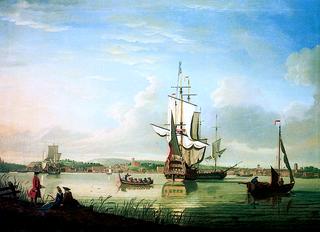 A View of the Thames at Woolwich with Shipping Becalmed