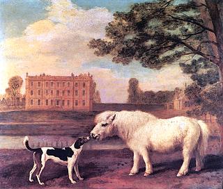 An Old Shetland Pony Communing with 'Driver', a Foxhound, with the East Front of Brocklesby Hall