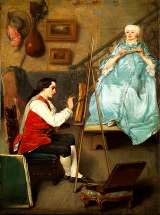 Junger maler beim portraitieren einer junger frau in blauen seidenkleid