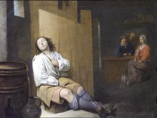 A tavern interior with a young man asleep, figures seated at a table beyond