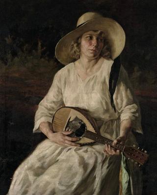 Portrait einer Dame mit Hut und Mandolin