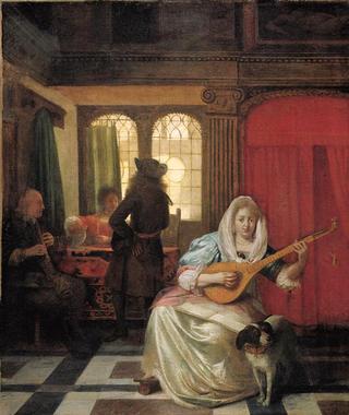 A woman playing a lute with other figures