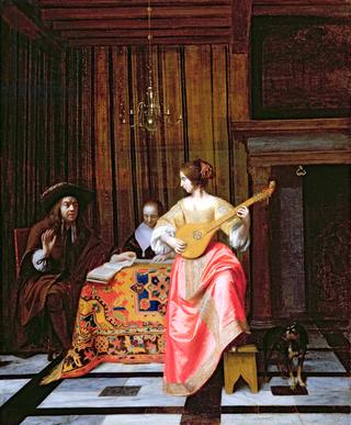 A woman with a citern and a singing couple at a table