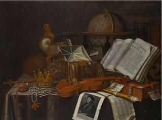 Still Life with a Crown and Sceptre, a Violin, a Jewel Casket, a Nautilus Cup and a Print of Erasmus