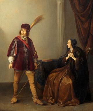 A nobleman and a lady on a chair in an interior