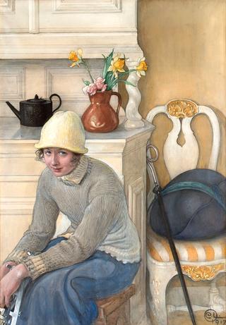 Girl with ice skates, interior from the school household, Falun