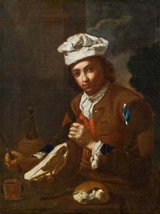 Portrait of a boy with ham, bread, bottle and glass