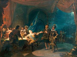 Gustav II Adolf having a war negotiation in Würtzburg, giving commands to Axel Lilje and Ramsay