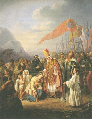 Bishop Henry baptizes the Finns at the spring of Kuppis, close to Turku