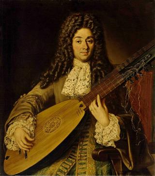 Portrait of a musician playing a theorbo