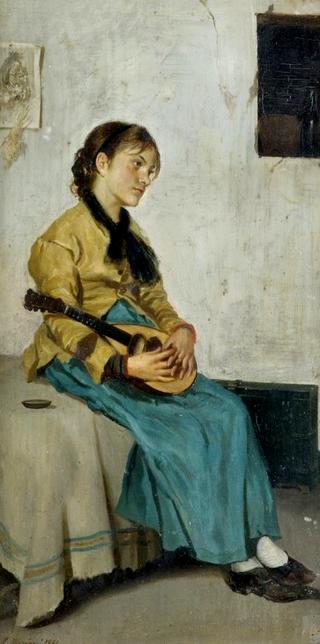 Fanciulla in interno con mandolino