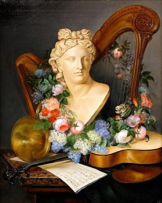 Still life with musical instruments and flowers