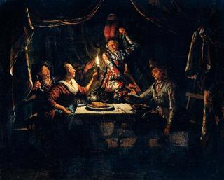 Nocturnal Scene With A Harlequin Surprising A Merry Company In A Curtained Interior