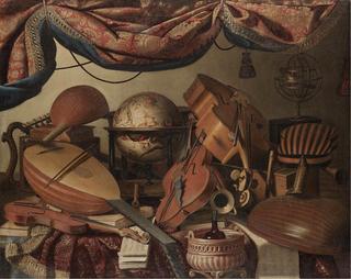 A Still Life with Musical Instruments with a Globe and Tomes of Classical Literature
