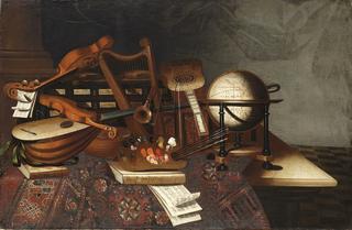 A painter's palette and brushes, musical instruments, books, a globe and two chests, on a table partly draped with a carpet