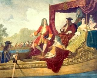 George Frideric Handel  with King George I of Great Britain, traveling by barge on the Thames River