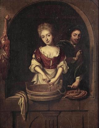 A maid preparing sausages with a young man