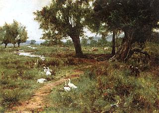 Geese and Cattle beside a Stream