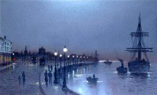 Moonlit port scene