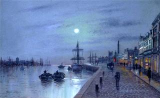 Moonlit port scene