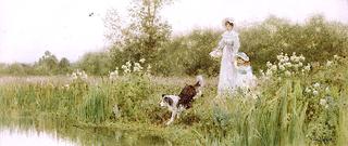 A Mother and Child with Their Sheepdog on the Banks of a River