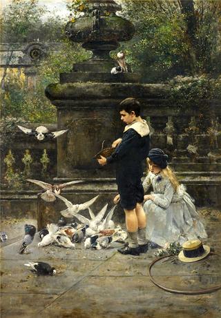Children Feeding Pigeons in the Park