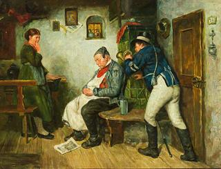 Postillon blowing into the ear of a sleeping innkeeper