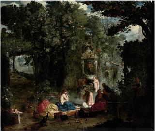 A classical landscape with nymphs bathing in a grotto