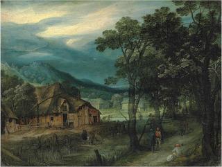 A wooded landscape with travellers on a track by a village