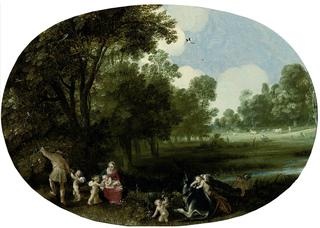 A wooded river landscape with the Rest on the Flight into Egypt