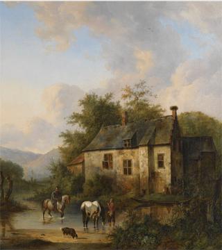 Horses Watering by a Country House