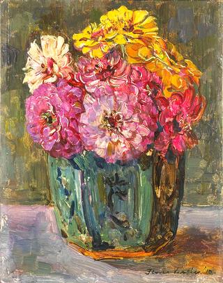 Still Life with zinnias in a ginger pot
