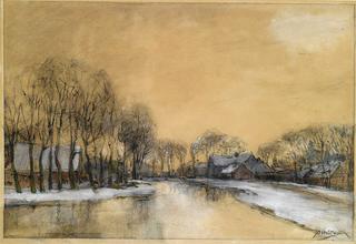 A winter landscape with houses along a canal