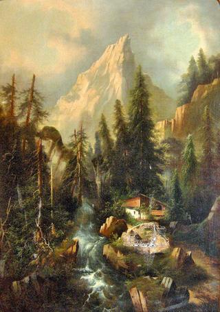 A cottage by a waterfall, the Matterhorn beyond