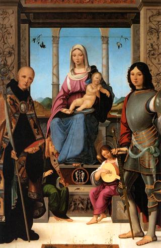 圣母子与圣本笃，圣金提诺和两个天使