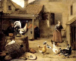 A Court with a Maid Feeding Hens