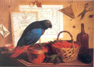 Trompe L'oeil with Still Life of Strawberries and a Parrot